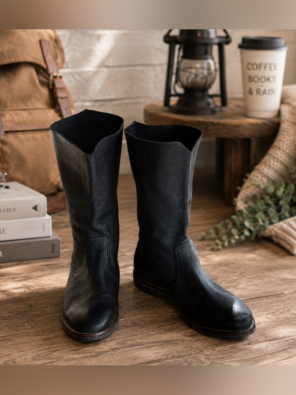 HS Trask Size 6 Ava Black Buffalo Pebbled Leather Slouchy Mid Calf Boots